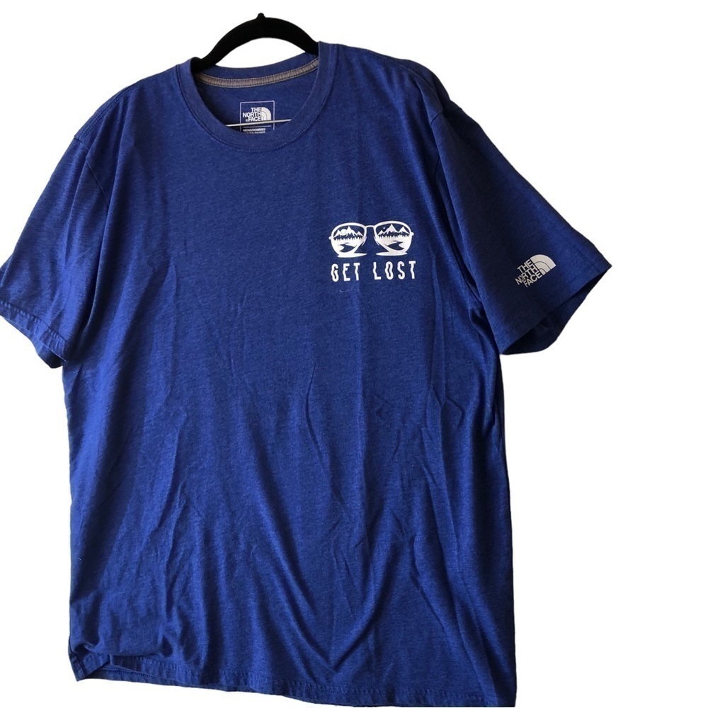 North Face Tee Unisex L Blue Get Lost Graphic on Front Short Sleeve Crew Neck